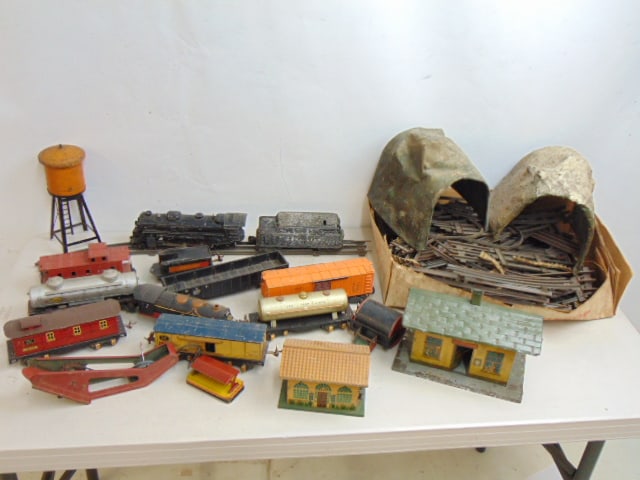 Train lot, Lionel, includes Lionel locomotives (Ives & 027), houses, track, variety of wagons, water: Train lot, Lionel, includes Lionel locomotives (Ives & 027), houses, track, variety of wagons, water tower, sold as found, some parts missing