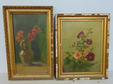 2 paintings, floral still-lifes, both unsigned, both oil on canvas, frames are chipped, 21.5" by