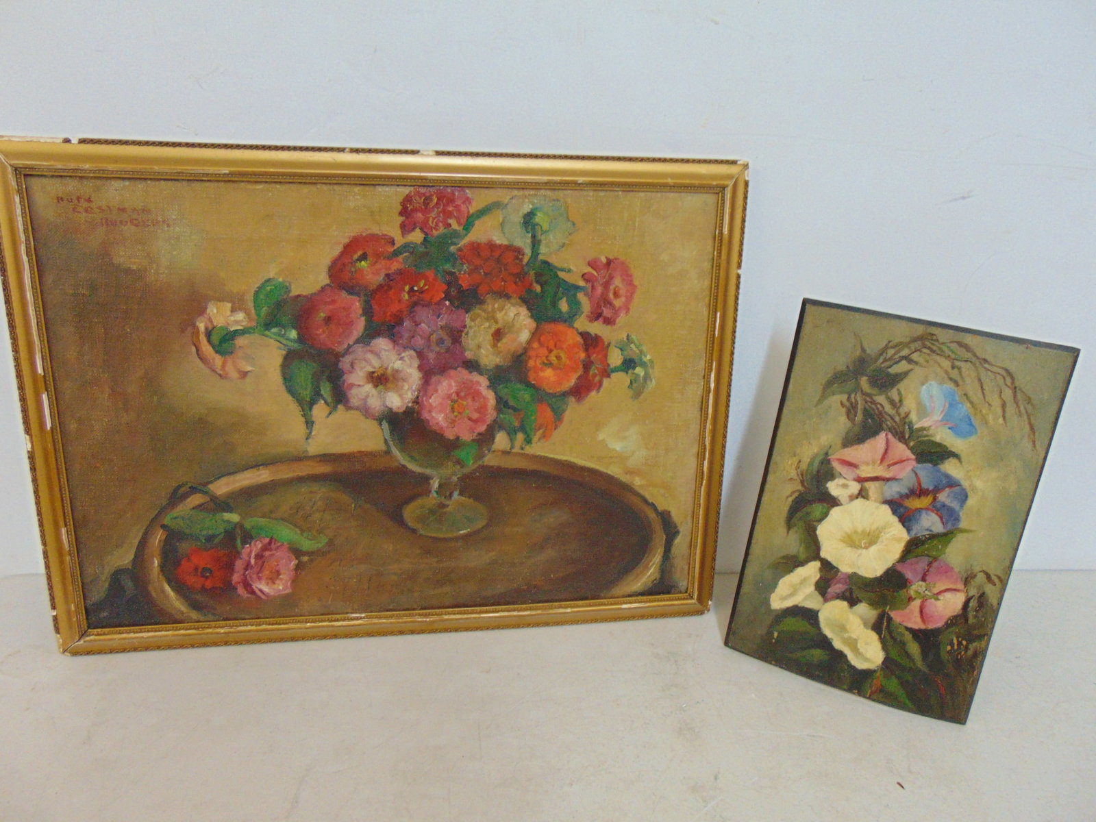 2 paintings, floral still-lifes, oil on panel (warped), 12" by 7.75" & oil on canvas, flowers in: 2 paintings, floral still-lifes, oil on panel (warped), 12" by 7.75" & oil on canvas, flowers in vase on table, signed Ruth Eastman Rougers (?), 15.75" by 21.5"