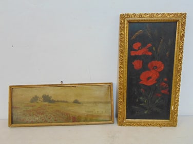 2 paintings, poppy fields & still-life with poppies, poppy field signed "N", 6" by 15.5",