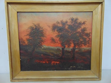Painting, landscape under red skies, unsigned, oil on canvas, 17 5/8" by 20.5"