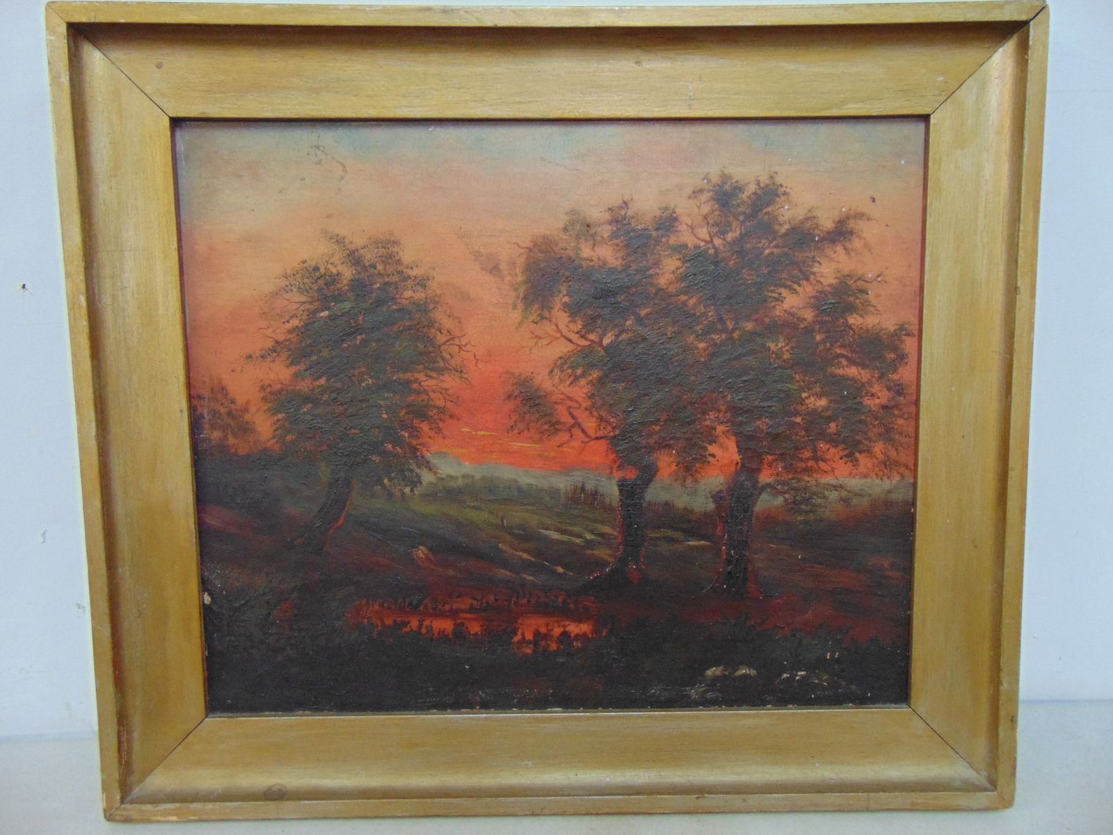 Painting, landscape under red skies, unsigned, oil on canvas, 17 5/8" by 20.5" (1 of 4)