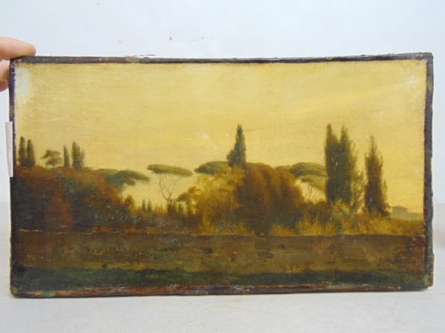 Painting, landscape, manner of Corot, oil on canvas, 7 5/8" by 13.75",: Painting, landscape, manner of Corot, oil on canvas, 7 5/8" by 13.75",