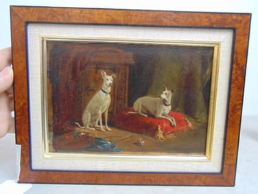 Painting, 2 dogs interior setting, signed J. OB. Inman, (John O'Brien), oil on board, 9" by 11.75"