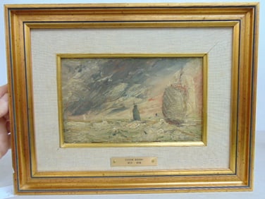 Painting, ships at sea, Eugene Boudin (attributed, not signed), oil on wood panel, gilt frame,