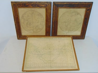 3 prints, North & South pole maps & "A Celestial Planisphere or map of the Heavens", celestial map