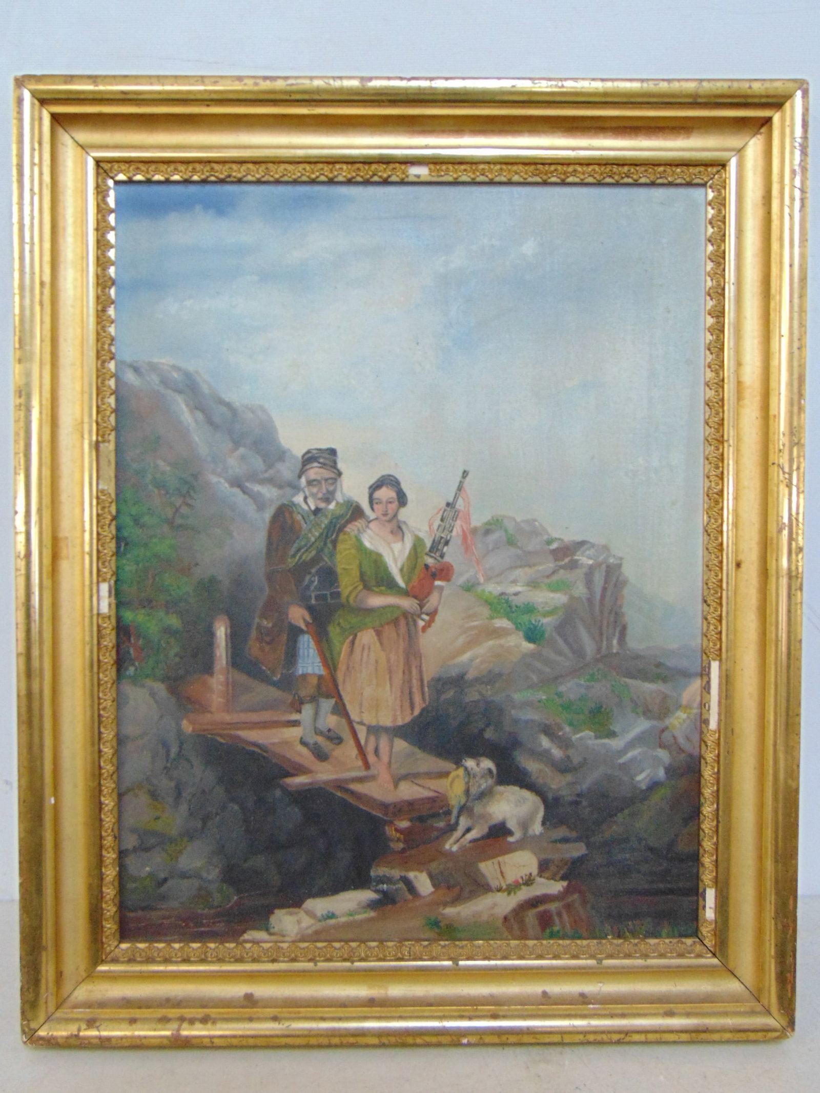 Painting, Scottish scene with man & woman on small bridge with dog, oil on canvas, unsigned, 21" by: Painting, Scottish scene with man & woman on small bridge with dog, oil on canvas, unsigned, 21" by 17"