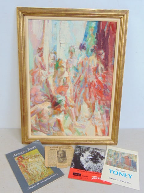Painting, "Backstage", signed Anthony Toney, oil on canvas, dated 1966, 25.5" by 19.5" (1 of 6)