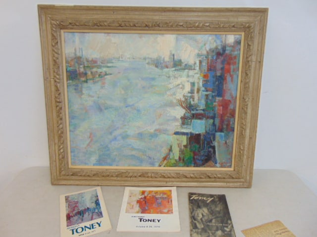 Painting, "East River", Anthony Toney, oil on canvas, 27" by 32", East river scene with buildings (1 of 5)