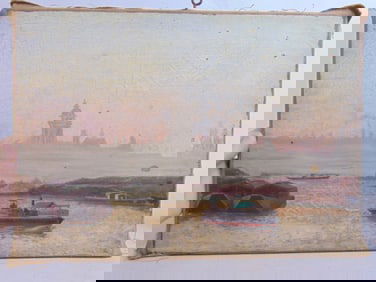 Painting, harbor scene with boat, unsigned, oil on canvas, 13" by 18.25"
