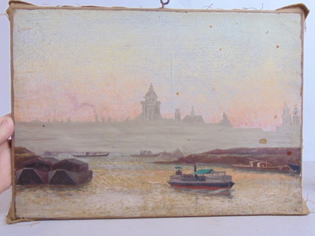 Painting, harbor scene with boat, unsigned, oil on canvas, 13" by 18.25" (1 of 5)