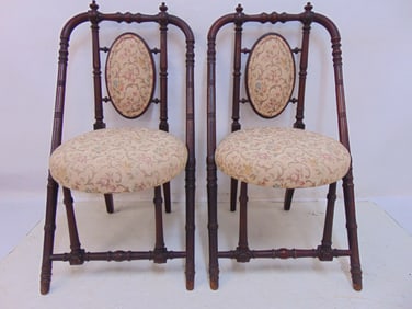Pair Hunzinger side chairs, Victorian walnut, reupholstered, angled sides, chairs are 19.5" wide,