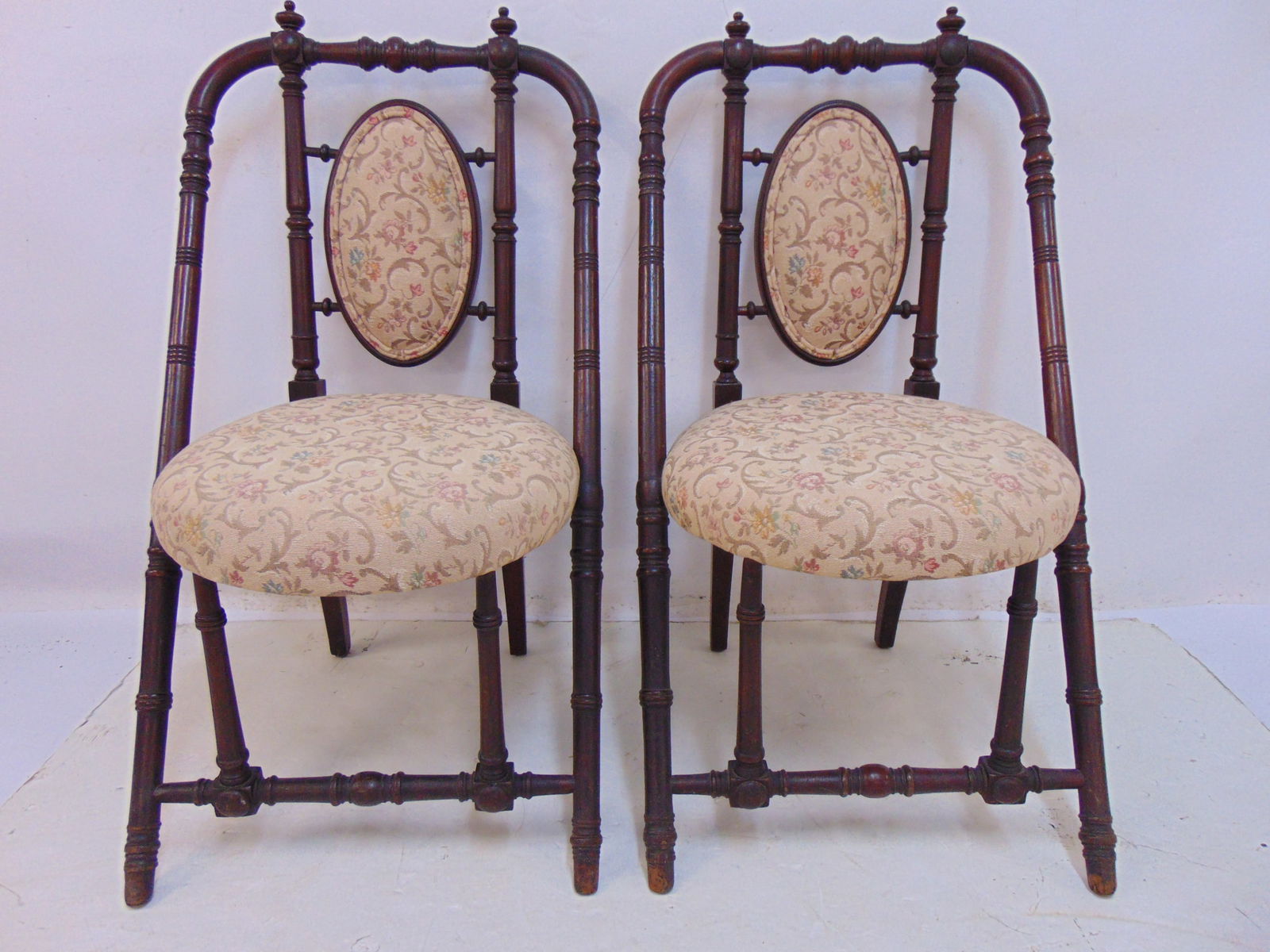 Pair Hunzinger side chairs, Victorian walnut, reupholstered, angled sides, chairs are 19.5" wide, (1 of 5)