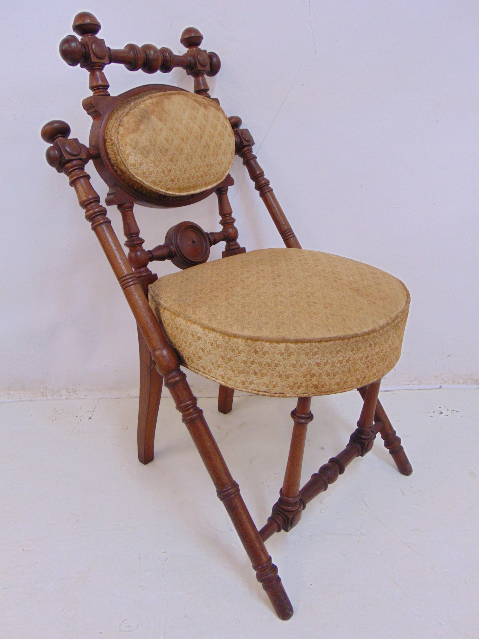 Hunzinger walnut side chair with angled sides, original (stained) upholstery, 20" wide, 34" tall,: Hunzinger walnut side chair with angled sides, original (stained) upholstery, 20" wide, 34" tall, seat height is 17.25", signed , dated 1869