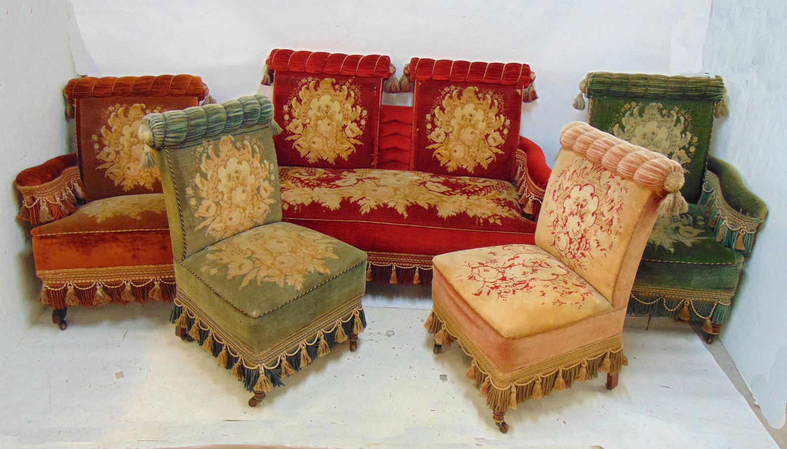 5 piece Victorian Turkish style parlor set, loveseat, pair side chairs, arm chair & platform rocker, (1 of 9)