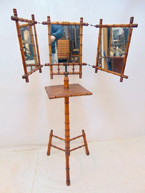 Faux bamboo vanity or shaving stand with triple folding mirror, left mirror has broken bottom hinge, (1 of 5)