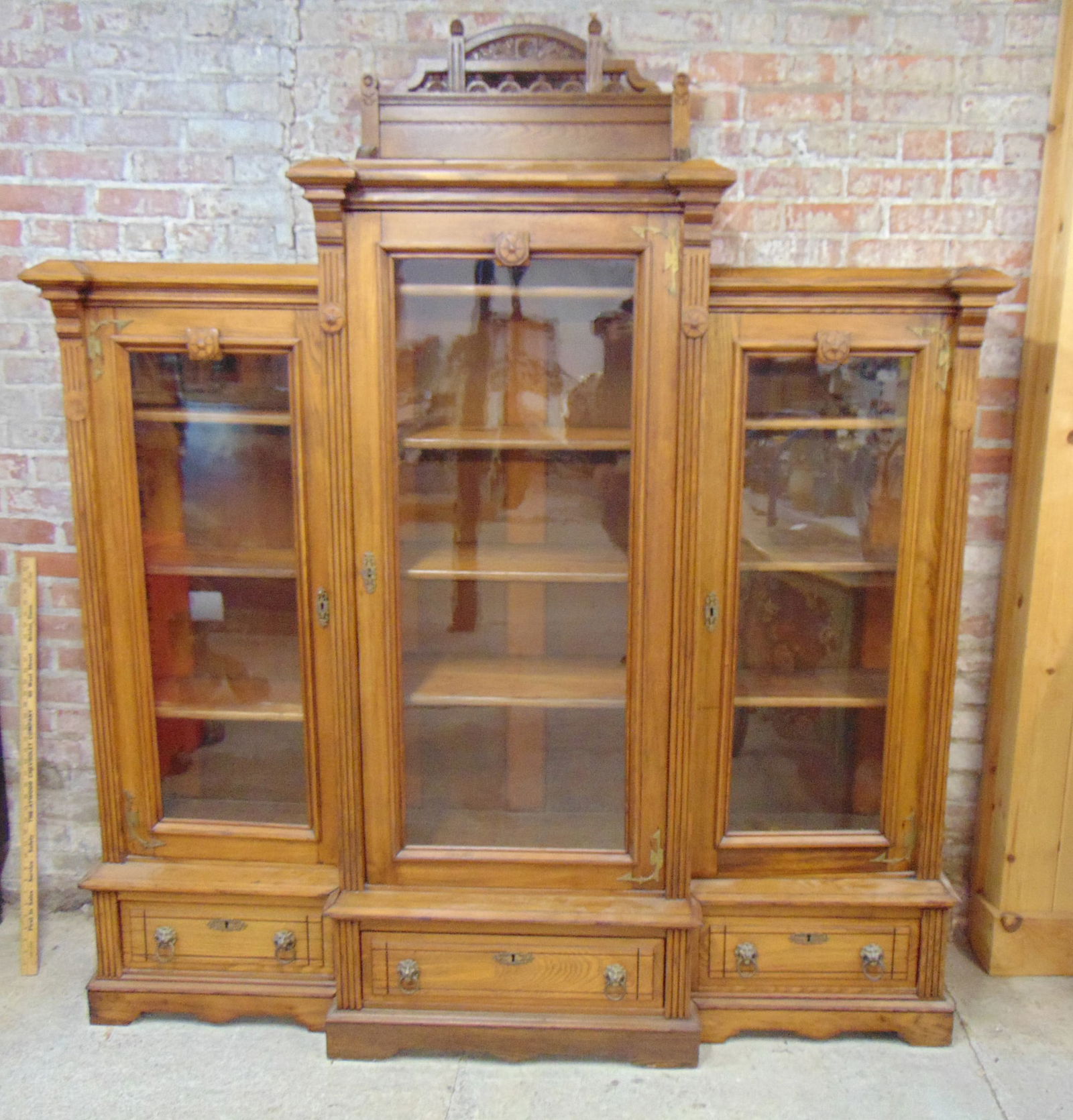 Victorian triple section bookcase, large center section flanked by two smaller glass door cabinets, (1 of 7)
