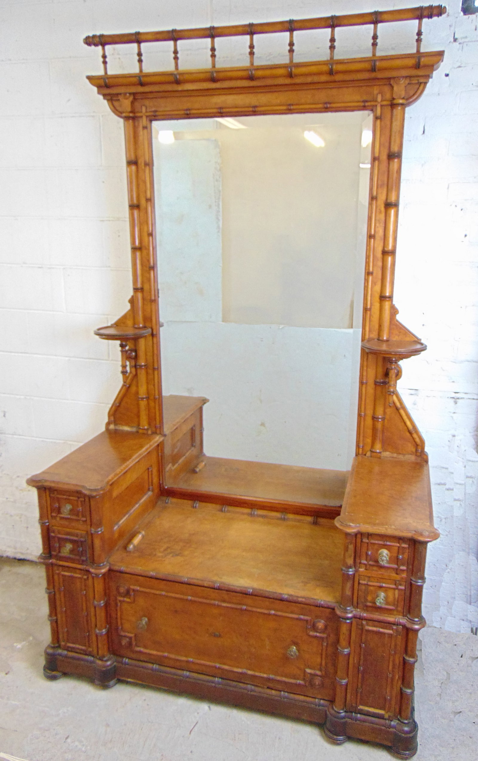 Faux bamboo drop center chest with large mirror, large center drawer, some veneer chips & cracks,: Faux bamboo drop center chest with large mirror, large center drawer, some veneer chips & cracks, also missing a few small pieces of trim, chest is 54.5" wide, height is 91", depth is 23.75"