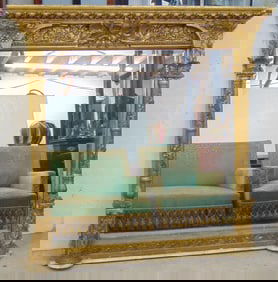 Large gilt hall mirror or mantle with carved gilt frame decorated with flowers, excellent quality,