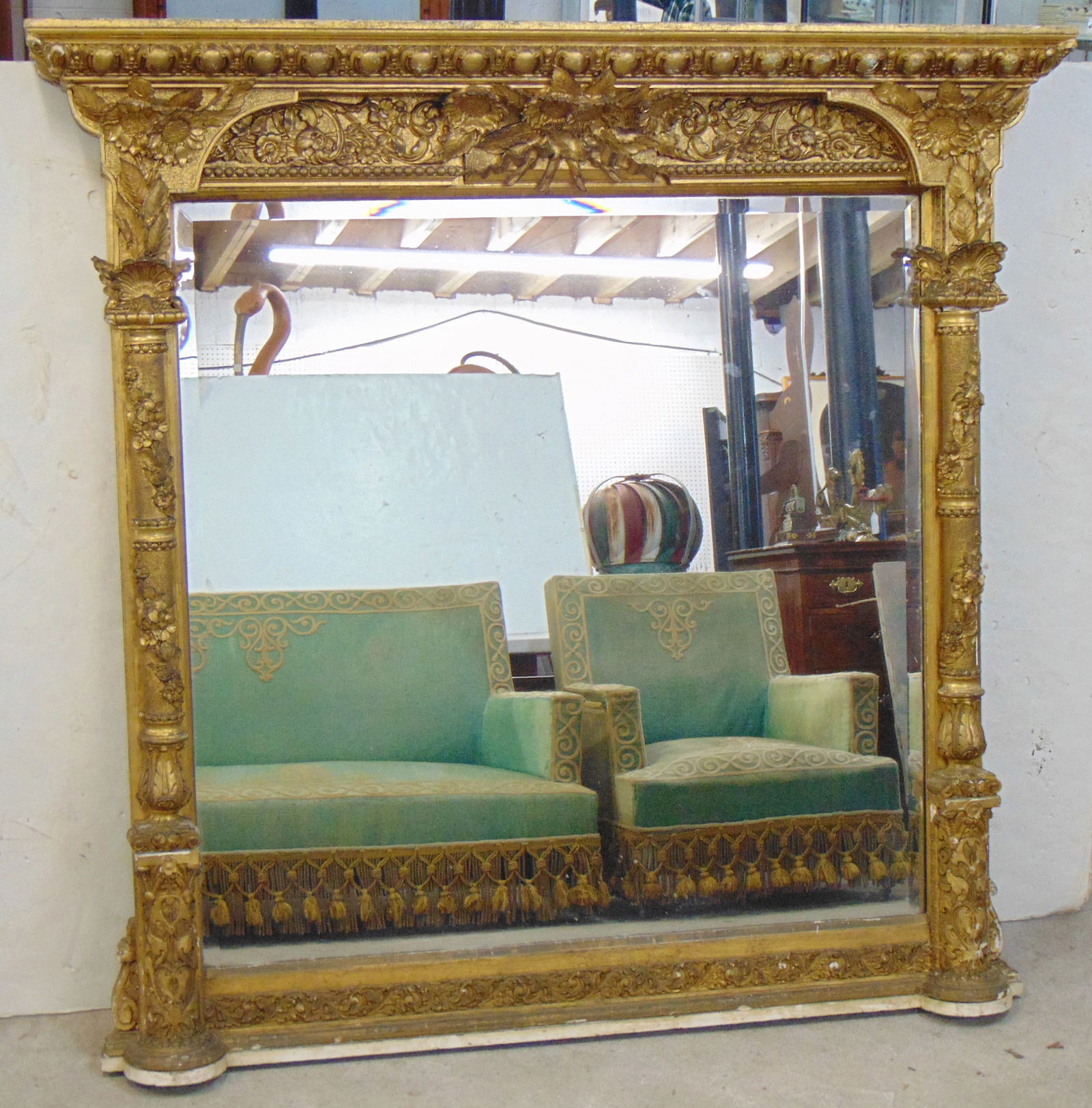 Large gilt hall mirror or mantle with carved gilt frame decorated with flowers, excellent quality, (1 of 11)