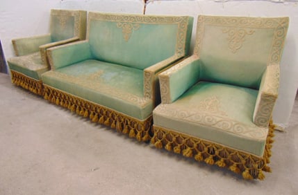 3 piece Victorian sofa or parlor set, green upholstery with embroidered detail, tassel bases, sofa