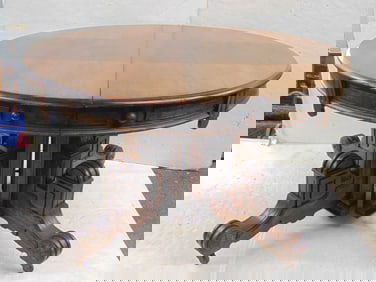 Round Victorian walnut split pedestal dining table, no leaves, table is 48" in diameter, height is
