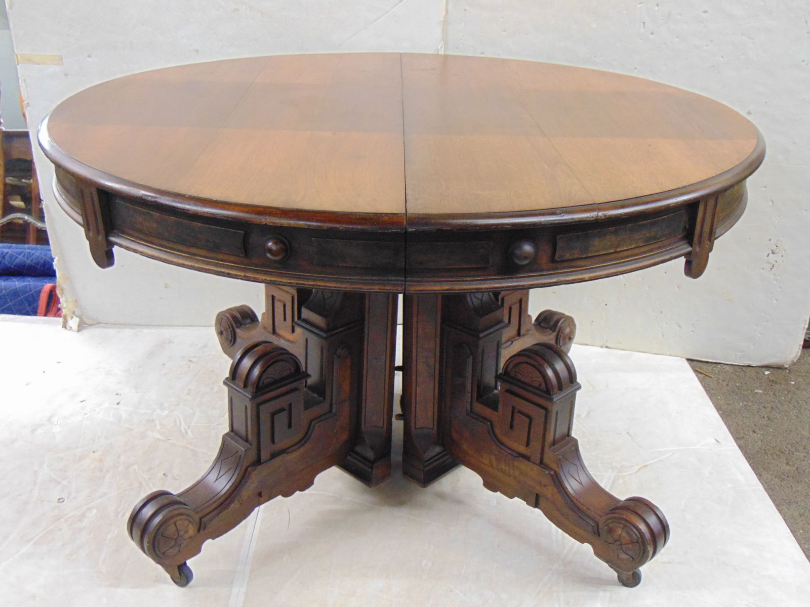 Round Victorian walnut split pedestal dining table, no leaves, table is 48" in diameter, height is (1 of 6)