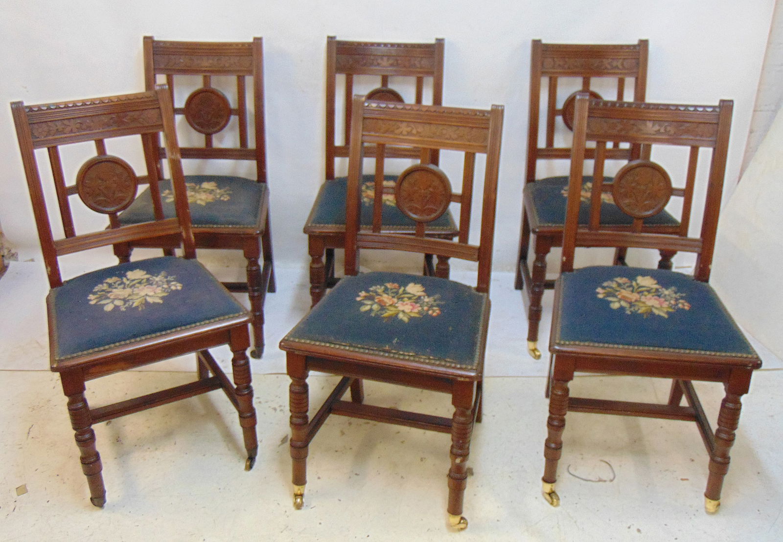 Set of 6 Victorian side chairs, in walnut with floral carved detail & embroidered seats, seat height (1 of 5)