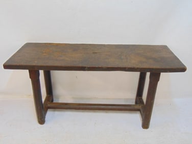 Early stretcher base altar style table, solid one board top, table is 55 3/8" long, 20" deep, 26.75"