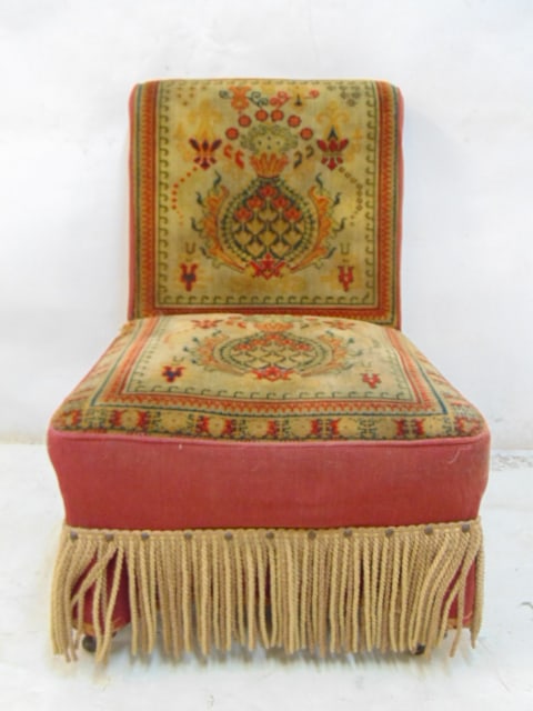 Victorian ingrain carpet chair with fringe, chair is 22" wide, 21" deep, height is 30.75" tall (1 of 4)