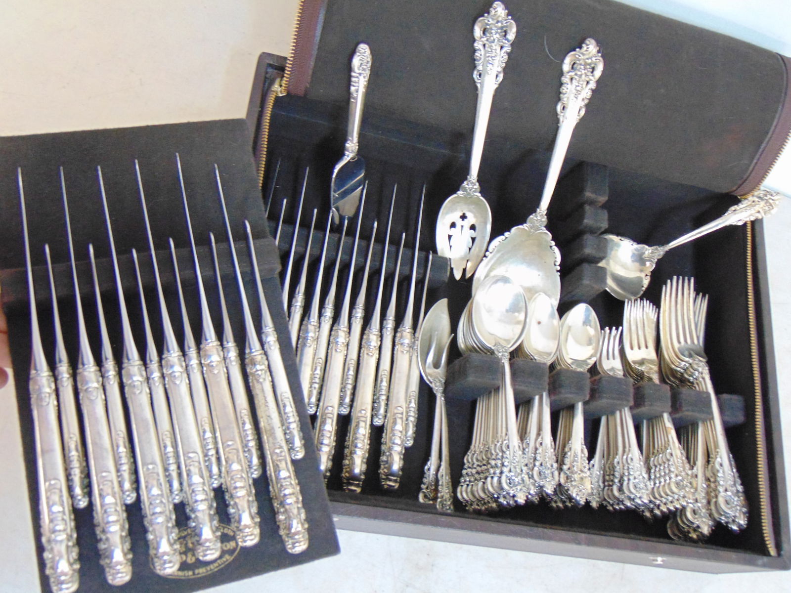 Set sterling silver flatware by Wallace, Grande Baroque pattern, includes 12 dinner forks, 11 lunch (1 of 5)