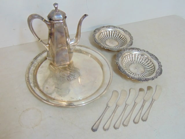 Sterling silver lot, plate, butter knives, 2 monogrammed bowls & small tea pot, 38.5 troy (1 of 4)