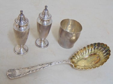 4 pieces of Tiffany sterling, salt & pepper, serving spoon & cup, all marked, 10 troy