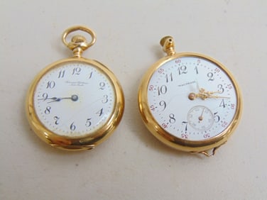 Jewelry. 2 Gold pocket watches to include Benedick Brothers New York 14kt , no. 17320, inscribed