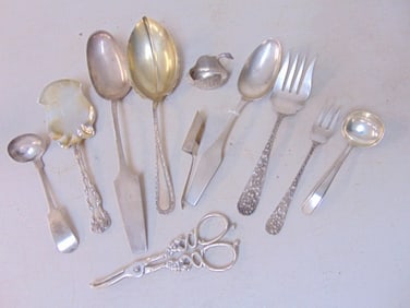 Lot of sterling & '800 silver flatware, various spoons, swan salt, total weight is 17.5 troy