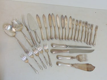 Silver handles fish set plus various silver handled forks, serving pieces
