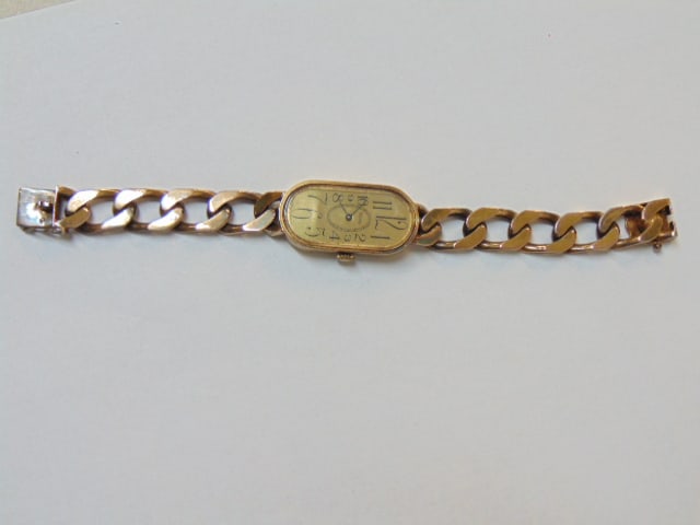 Jewelry. Vintage 14kt Obrey wristwatch Made in France, 60 grams total weight, 7 1/2" total length, (1 of 4)
