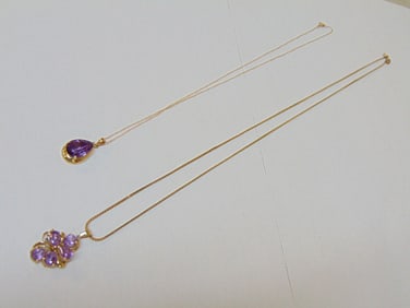 Jewelry. 2 Gold necklaces w/ gemstones, 14kt pendant & chain w/ teardrop faceted amethyst 2.72 total