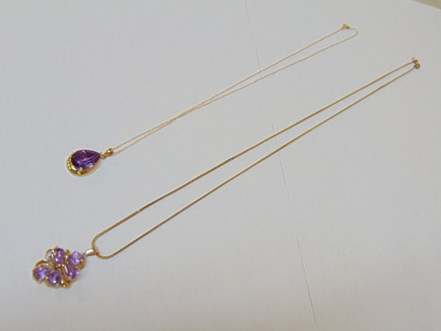 Jewelry. 2 Gold necklaces w/ gemstones, 14kt pendant & chain w/ teardrop faceted amethyst 2.72 total (1 of 4)