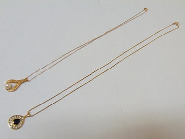 Jewelry. 2 Gold necklaces w/ gemstones, 14kt pearl drop necklace 1.85 grams total weight & 14k blue