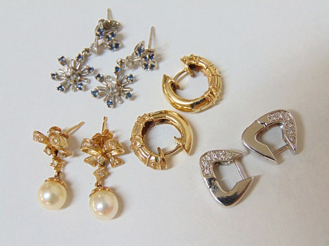 Jewelry. 4 pairs of Gold earrings to include white gold & diamond huggies hallmark 585, 5.25 grams; (1 of 4)