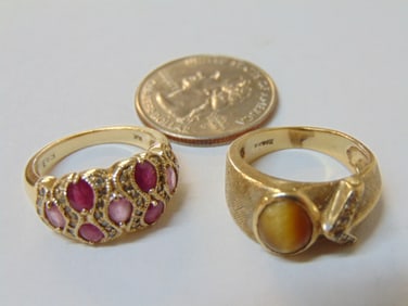 Jewelry. 2 Gold rings to include 14kt tigers eye w/ 5 diamond chips, 6 grams, size 6 1/2 & 14kt pink