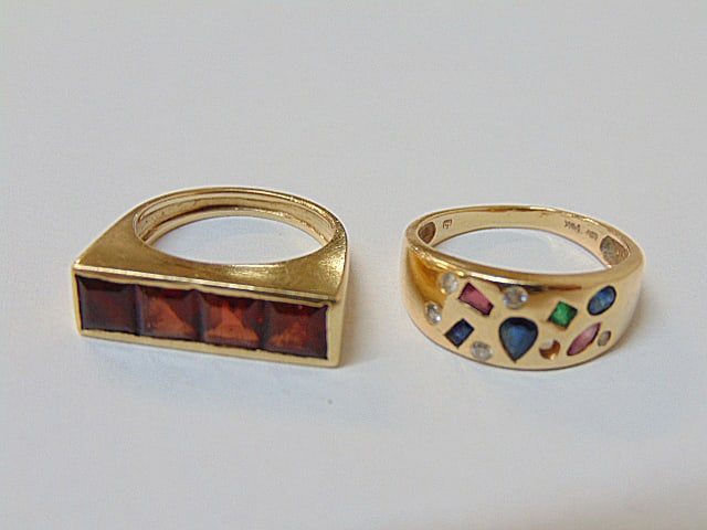 Jewelry. 2 Gold rings to include 14kt square design w/ 4 gemstones, garnet? 5.85 grams, size 6 & (1 of 4)