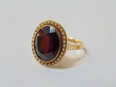 Jewelry. Vintage 14kt yellow gold ring w/ seed pearls & red faceted gemstone approx. 11mm, 5.15