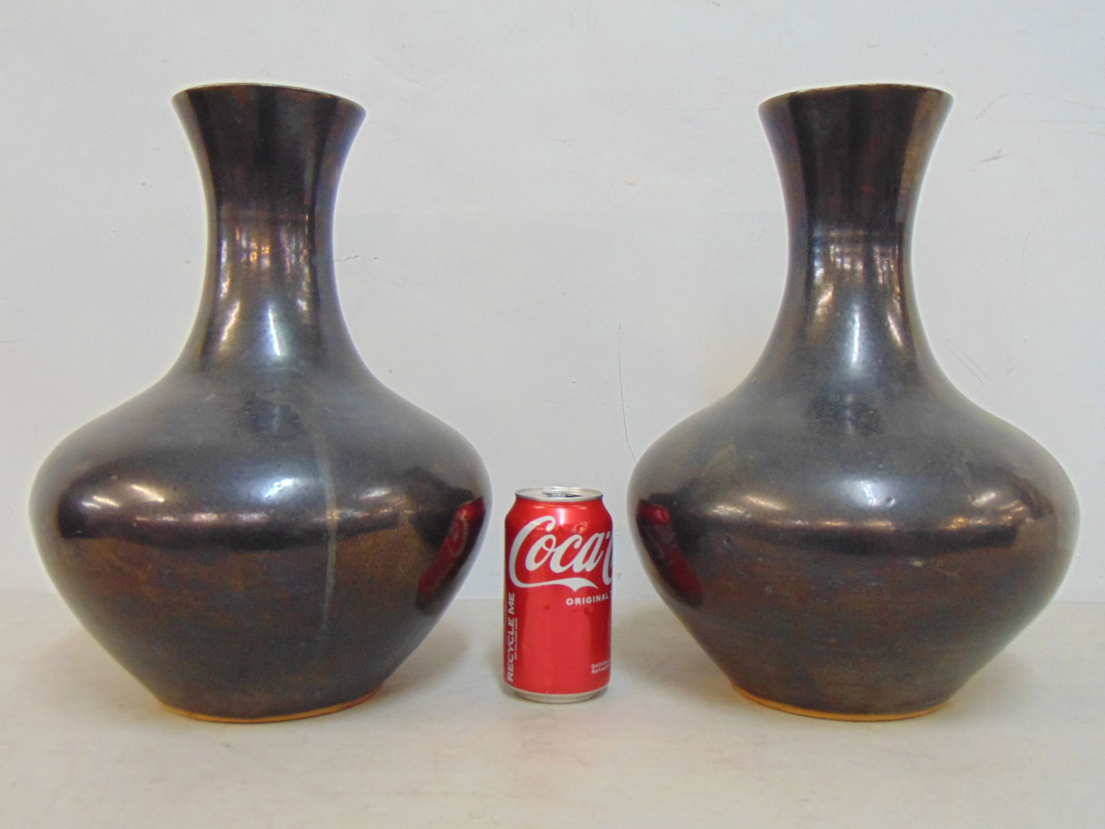 Pair Barthold, Copper studios ceramic vases with metallic glaze, signed, height is 14.25" (1 of 5)