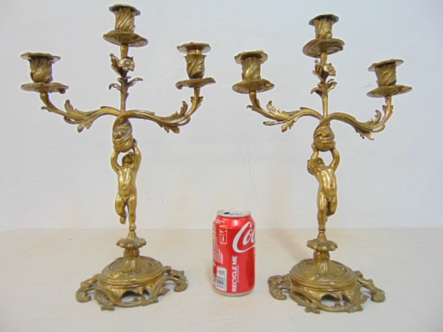 Pair solid brass candelabra with putti bases, 3 arms, height is 17", width is 11.5" (1 of 5)