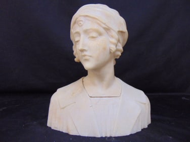 Alabaster bust, lady with cap, unsigned, head is loose from neck, height is 13.75", 12.75" wide,