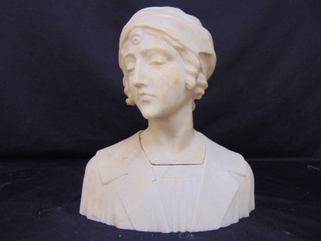 Alabaster bust, lady with cap, unsigned, head is loose from neck, height is 13.75", 12.75" wide,: Alabaster bust, lady with cap, unsigned, head is loose from neck, height is 13.75", 12.75" wide, depth is 6.25" (head)