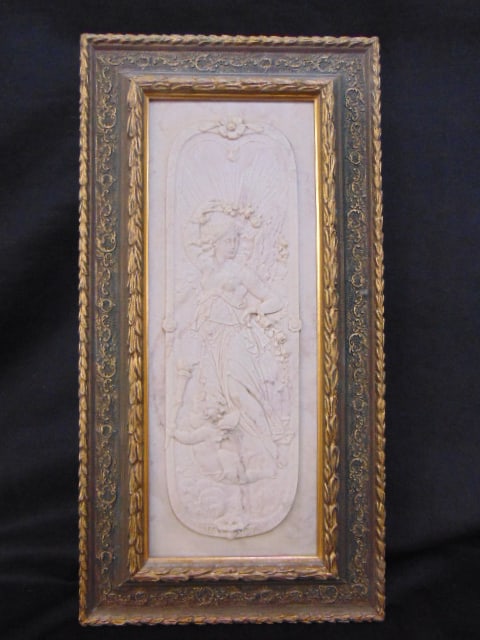 Carved marble relief plaque, winged angel & putti, in carved frame, with bronze medallion on (1 of 6)