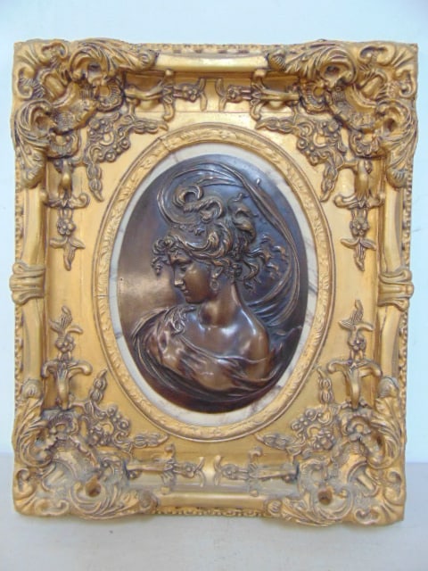 Bronze framed plaque, profile of a lady, mounted on marble, label on reverse "Exposition D'Art, (1 of 5)